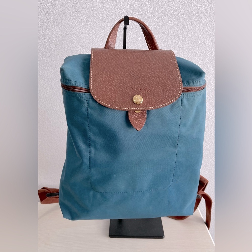 Longchamp Teal Nylon Backpack with Brown Leather Trim